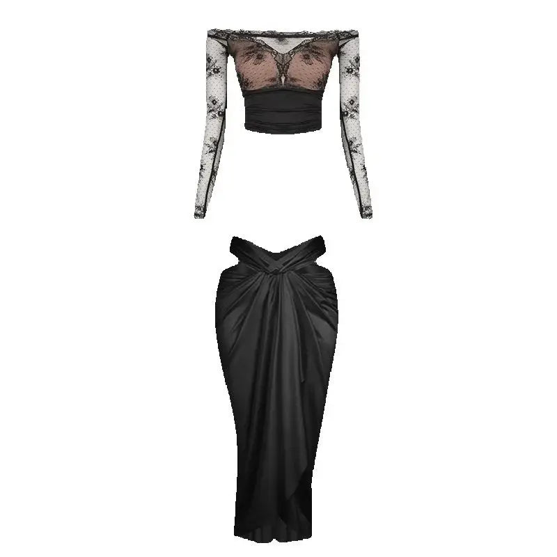 Women's Black Lace Off-Shoulder Crop Top & Satin Cutout Ruched Skirt Latin Dance Dress