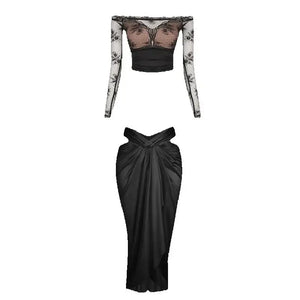 Women's Black Lace Off-Shoulder Crop Top & Satin Cutout Ruched Skirt Latin Dance Dress