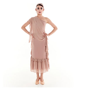 Women's Nude Chiffon One-Shoulder Ruffle Bodysuit & Skirt Latin Dancewear Set