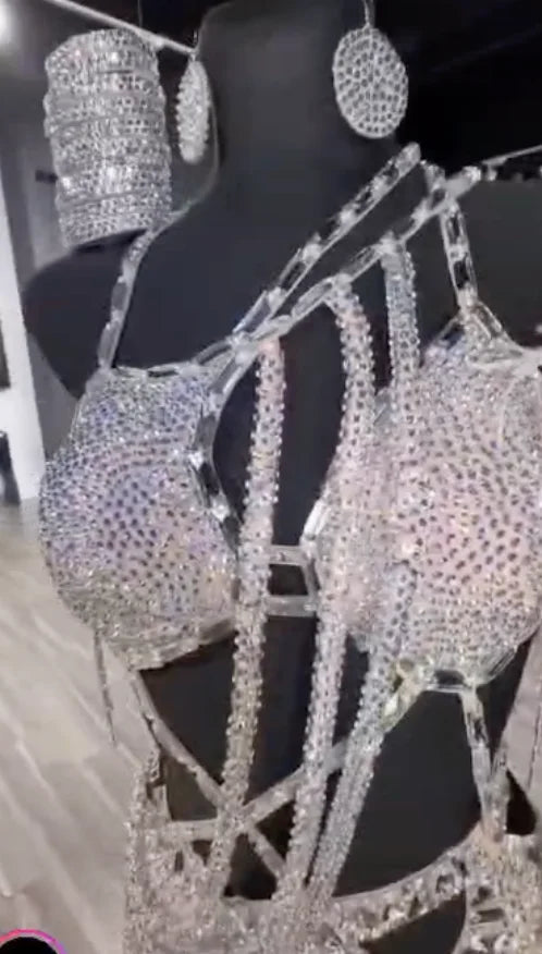 Rhinestone Crystal Embellished Women's Silver Bra Top and Strap Dress with Matching Earrings and Cuff - Latin Dance