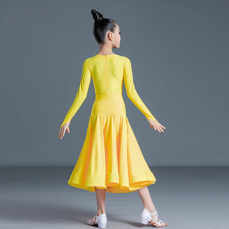 Girls' Latin Dance Dress, Lilac and Yellow Long Sleeve V-Neck Ballroom Performance Costume