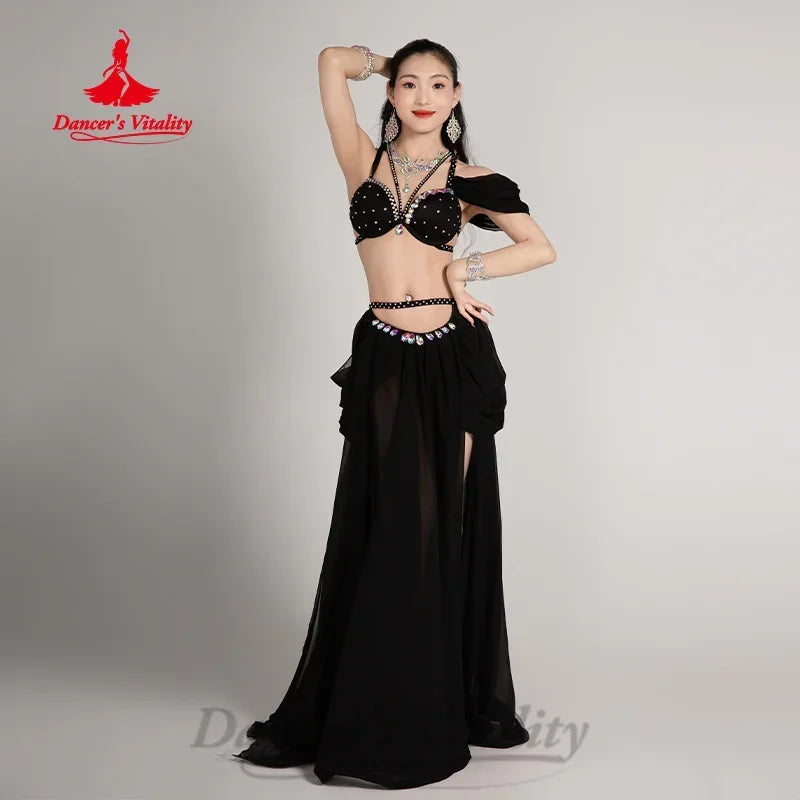 Belly Dance Costume, Women's Hot Pink Chiffon Beaded Halter Top & Skirt Set, Flowy Performance Apparel