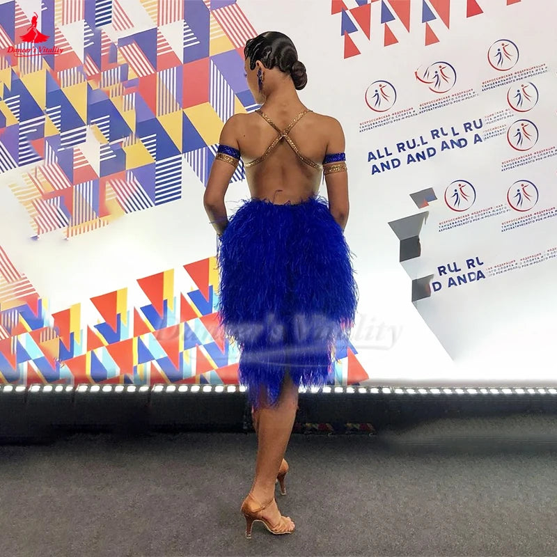 Women's Latin Dance Dress With Ostrich Feather Fringe Sleeveless Blue For Performance And Competition