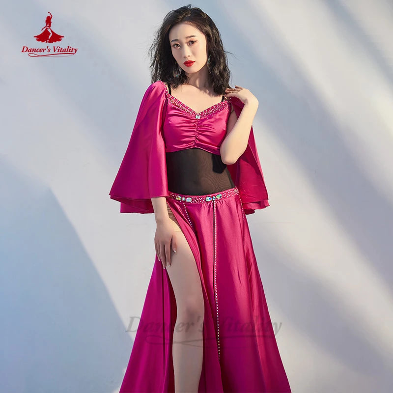 Belly Dance Costume Women's Magenta Satin Long Sleeve Top and High Slit Skirt Set with Rhinestone Trim