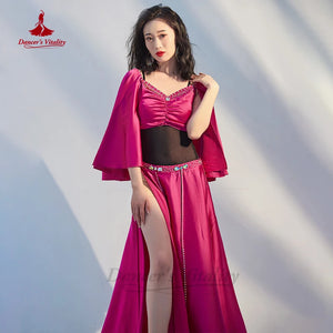 Belly Dance Costume Women's Magenta Satin Long Sleeve Top and High Slit Skirt Set with Rhinestone Trim