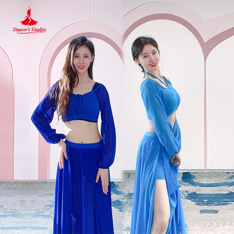 Belly Dance Costume Women's Adult Blue Chiffon Long Sleeve Halter Top & Skirt Set, Red Chiffon Long Sleeve Halter Top & High-Slit Skirt Set