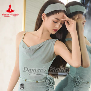 Women's Mint Green Sparkle Asymmetrical One-Shoulder Latin Dance Dress with Headband