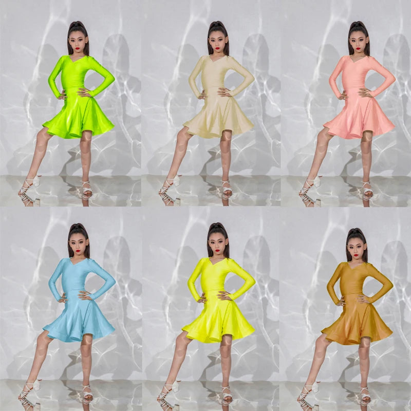 Girls Ballroom Dance Dress, Long Sleeve V-Neck Ruffle Skirt Latin Dance Costume