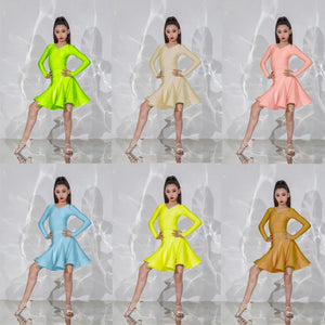 Girls Ballroom Dance Dress, Long Sleeve V-Neck Ruffle Skirt Latin Dance Costume