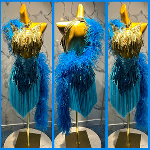 Latin Dance Dress Women's Blue & Gold Sequin Fringe Feather Asymmetrical Performance Dress