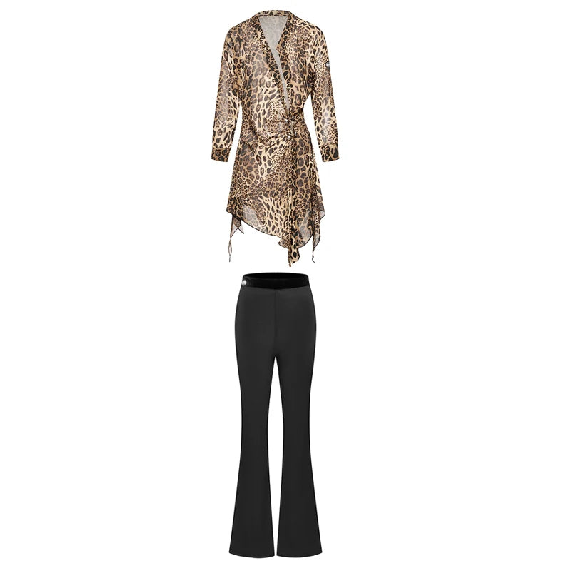 Women's Brown Leopard Print Chiffon Asymmetrical Tunic Top with Black Flare Dance Pants - Latin Ballroom