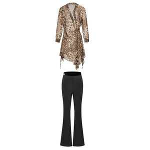 Women's Brown Leopard Print Chiffon Asymmetrical Tunic Top with Black Flare Dance Pants - Latin Ballroom