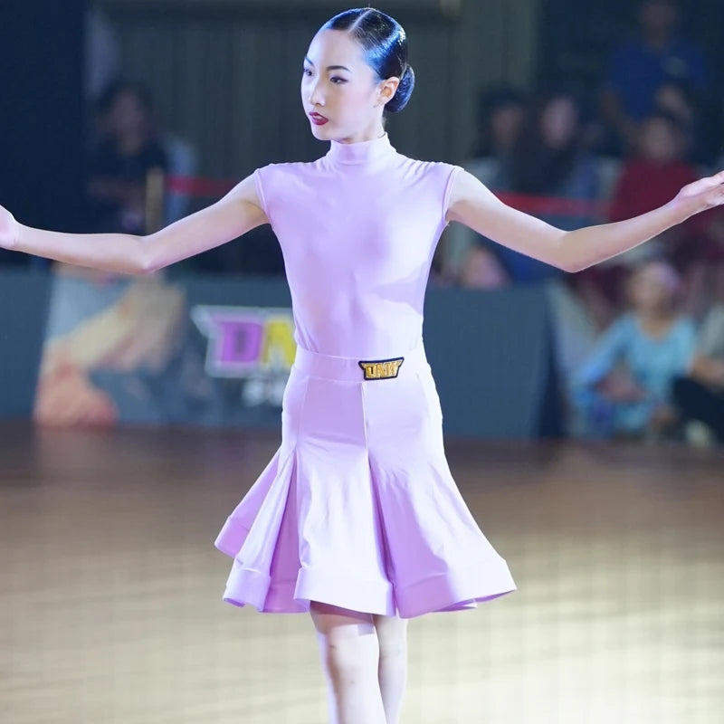 Girls Aqua Blue Ruffled Latin Dance Dress with Mock Neck, Short Sleeves, and Gold Buckle Detail, Ballroom Dancewear