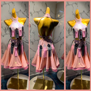 Women's Pink & Black Rhinestone Fringe Halter Latin Dance Dress