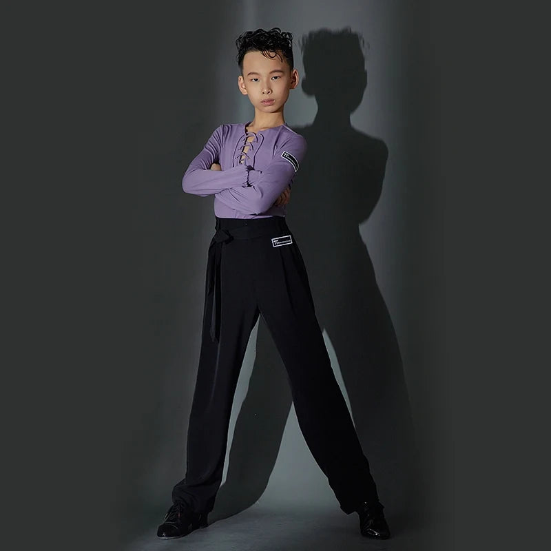 Boys Ballroom Dance Shirt with Lace-Up Neckline and High-Waisted Trousers, White, Lavender, Black Long Sleeve Latin Dance Top and Pants Set