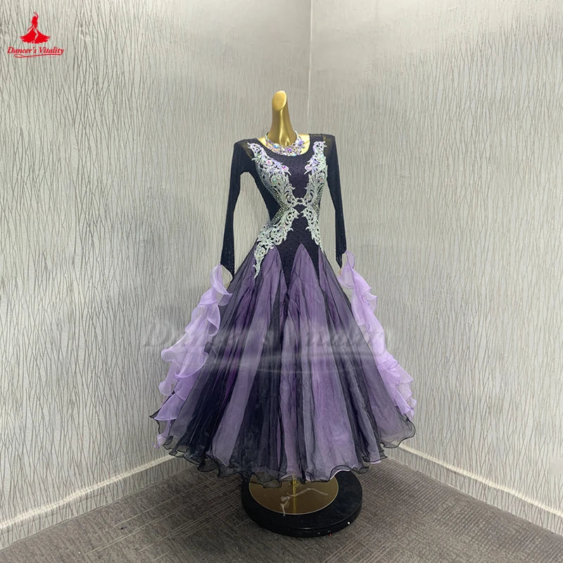 Women's Standard Ballroom Dance Dress With AB Rhinestones Black-Purple For Competition Waltz Foxtrot Tango