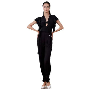 Dance Bodysuit Jumpsuit, Women's Black Lace Cutout Ruffled Sleeve Lycra Latin Dance Jumpsuit