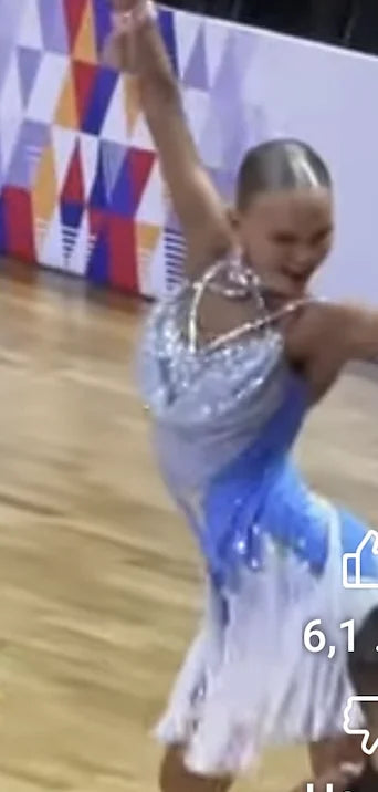 Girls' Blue & White Sequin Fringe Latin Dance Dress