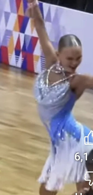 Girls' Blue & White Sequin Fringe Latin Dance Dress