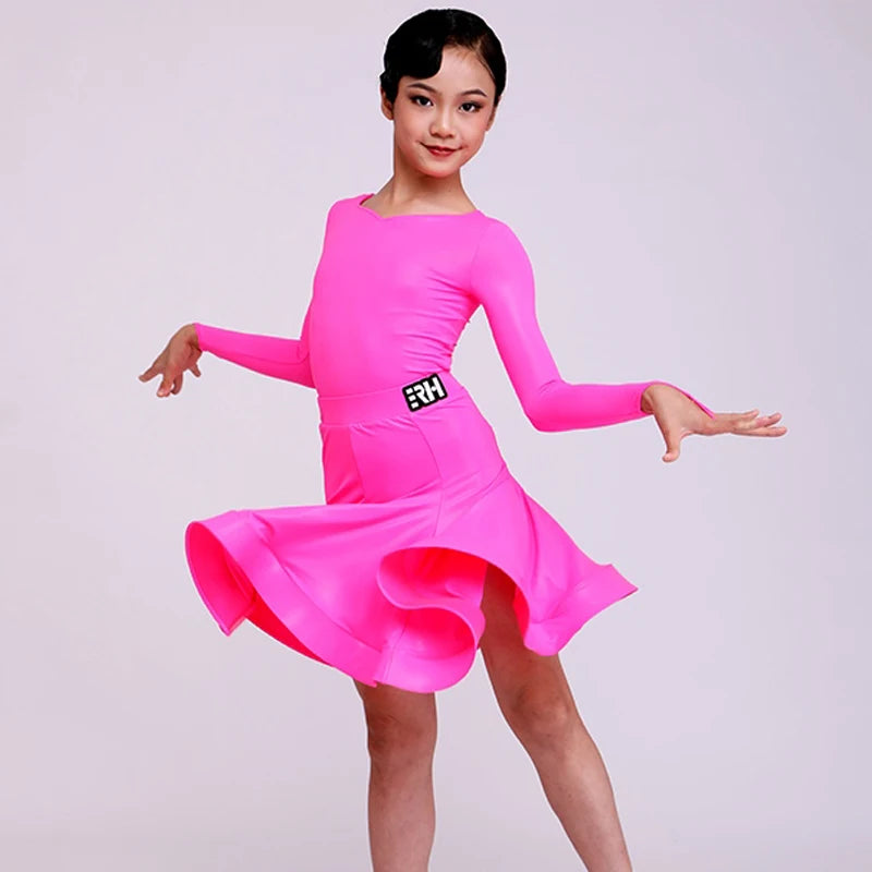 Girls' Latin Dance Dress, Long Sleeve, High Neck, Ruffled Skirt, Performance Leotard