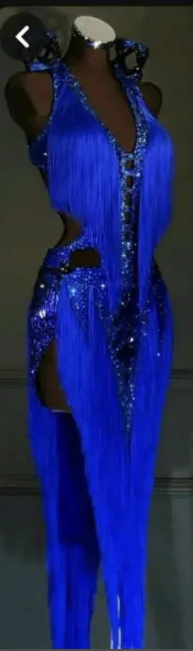 Women's Royal Blue Sequin Fringe Ballroom Latin Rhythm Dance Dress