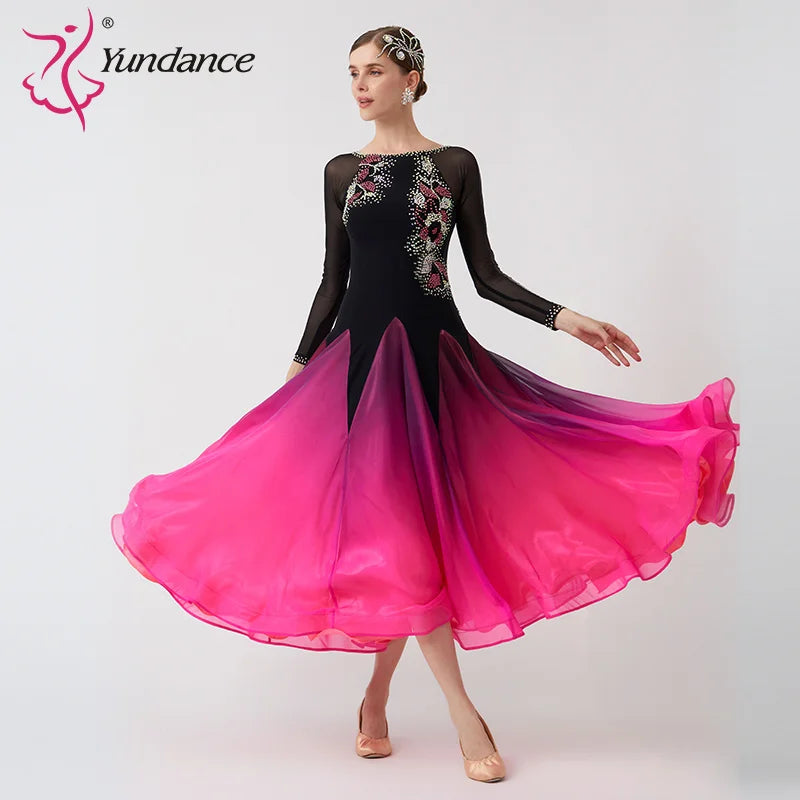 Women's Standard Ballroom Waltz Dance Dress With Rhinestone Embellishment Multicolor For Competition