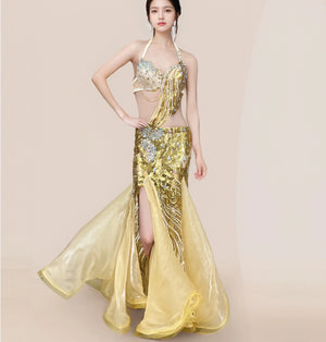 Belly Dance Costume Womens Gold Sequin Halter Top High Slit Skirt Set