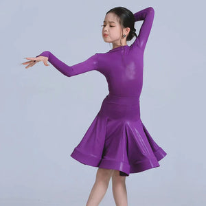 Kids Girls Latin Dance Dress, Short Sleeve Shiny Pleated Skirt Ballroom Salsa Rumba Dancewear