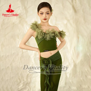 Girls' Gold & Green Velvet Floral Off-Shoulder Dance Top & Pants Set, Modern Lyrical Ballet Contemporary