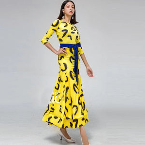 Women's Yellow Leopard Print Long Sleeve Ballroom Dance Dress with Blue Belt