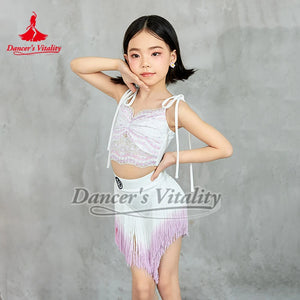 Girls White & Pink Sequin Fringe Latin Dance Dress, Spaghetti Strap Crop Top & Asymmetrical Skirt Set