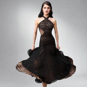 Women's Black Leopard Print Mesh Halterneck Ballroom Dance Dress