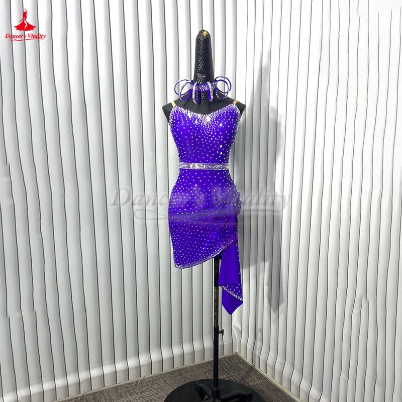 Latin Ballroom Dress Customizable With AB Rhinestones Sleeveless Purple For Kids And Adults Competition