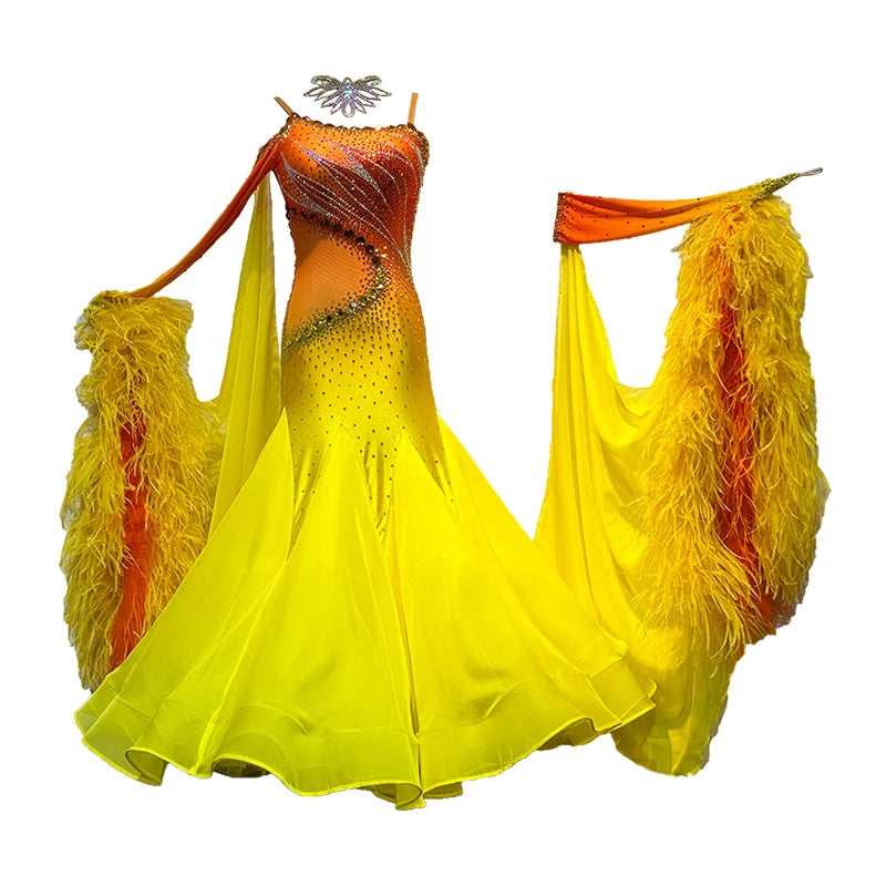 Women's International Standard Ballroom Dance Dress With Ostrich Feathers In Chiffon For Competition