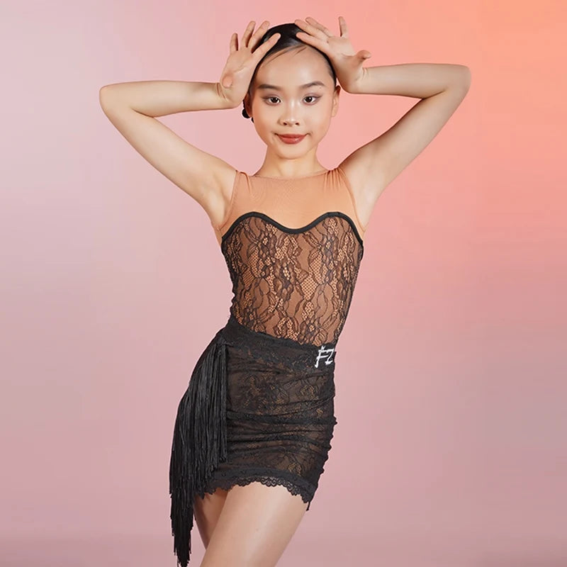 Girls' Black & Nude Lace Fringe Latin Dance Dress