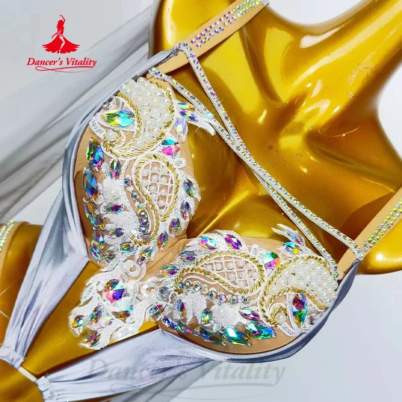 Women's Silver Sequin Beaded Cutout Fringe Satin Belly Dance Dress with Sheer Cape