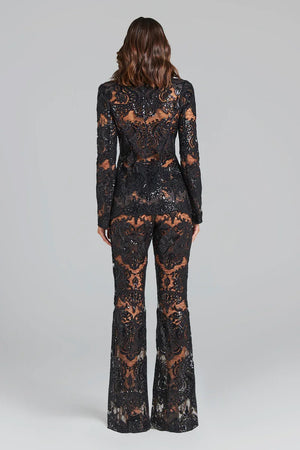 Women's Elegant Black Lace Two-Piece Set with Long Sleeve Jacket and Flared Pants