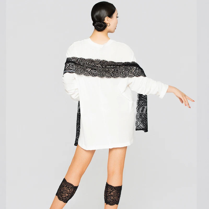 Women's White Long Sleeve Oversized Dance Tunic with Lace Belt & Fishnet Tights, Ballroom