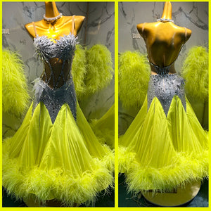 Women's Yellow & Silver Embellished Ballroom Dance Dress with Ostrich Feather Trim