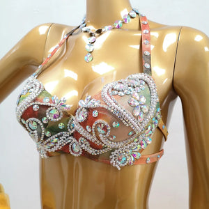 Belly Dance Costume Women's Yellow Sequin & Bead Embellished Chiffon Bra Top and Slit Skirt Set