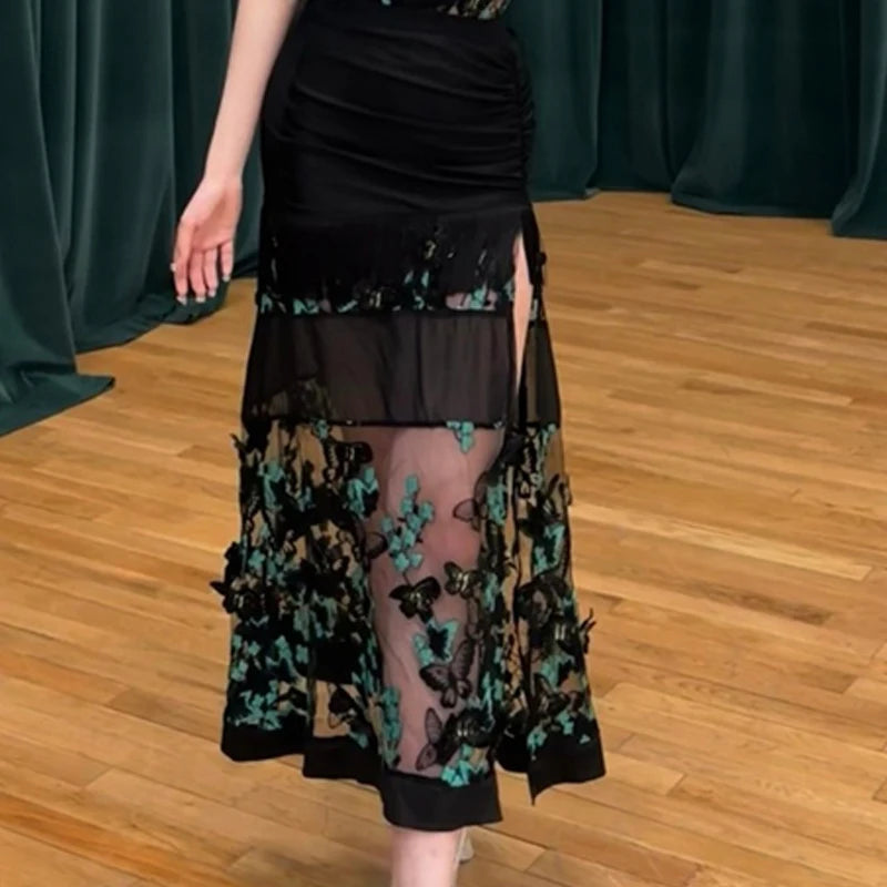Women's Black Mesh Butterfly Appliqué Ruched Slit Backless Latin Dance Dress