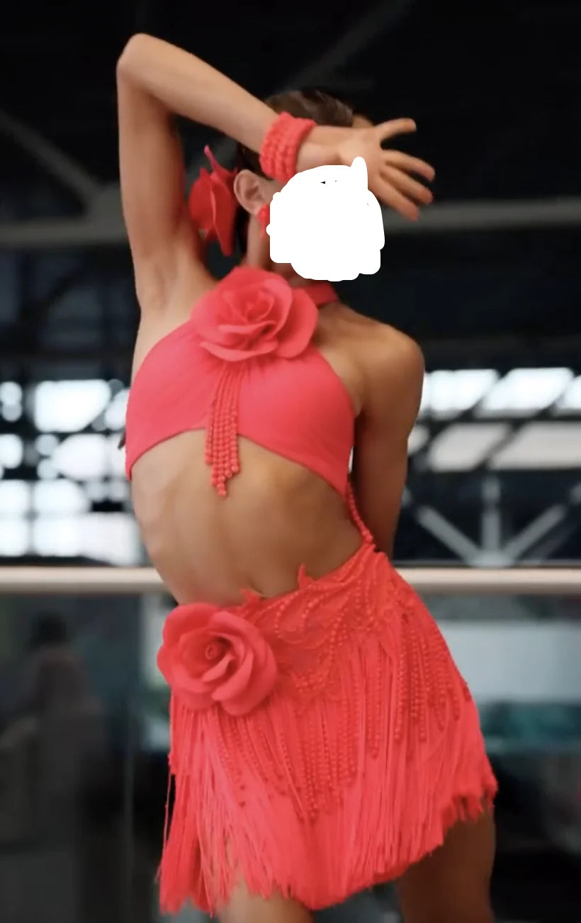 Women's Coral Halter Fringe Latin Dance Dress with Rose Appliques