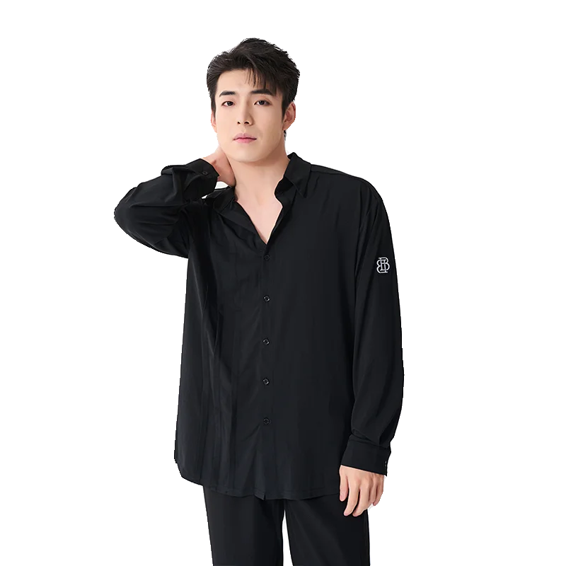 Men's Black & White Long Sleeve Button-Up Dance Shirts with Logo, Black Trousers, and Black Dance Shoes - Ballroom/Latin