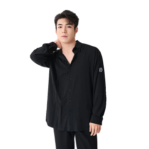 Men's Black & White Long Sleeve Button-Up Dance Shirts with Logo, Black Trousers, and Black Dance Shoes - Ballroom/Latin