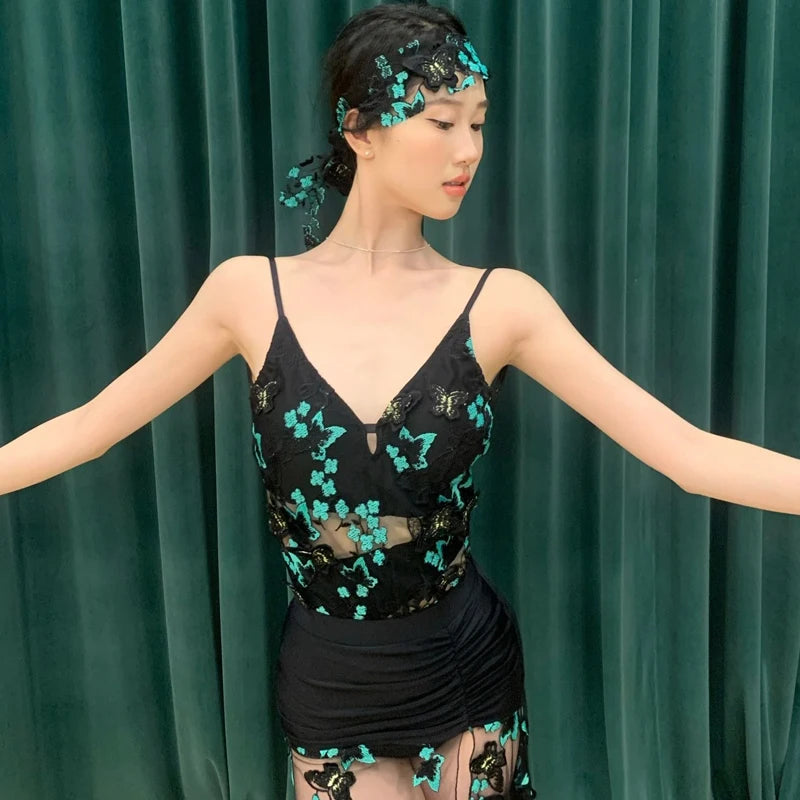 Women's Black Mesh Butterfly Appliqué Ruched Slit Backless Latin Dance Dress