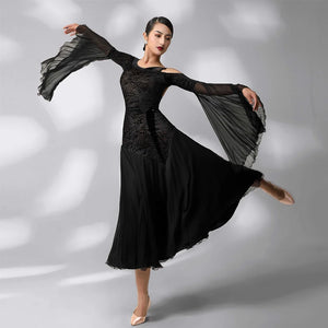 Ballroom Dance Dress Women Black Sheer Chiffon Velvet Leaf Print Pleated Long Sleeve Modern Waltz Foxtrot Tango