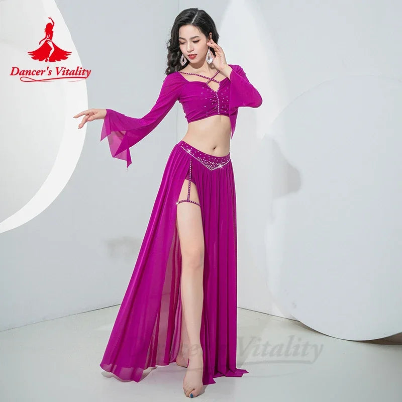 Women's Magenta Long Sleeve Crop Top & High Slit Skirt Belly Dance Costume