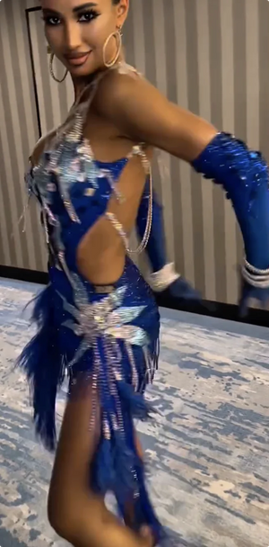 Women's Royal Blue Sequin & Fringe Latin Dance Dress with Cut-Outs and Feathers