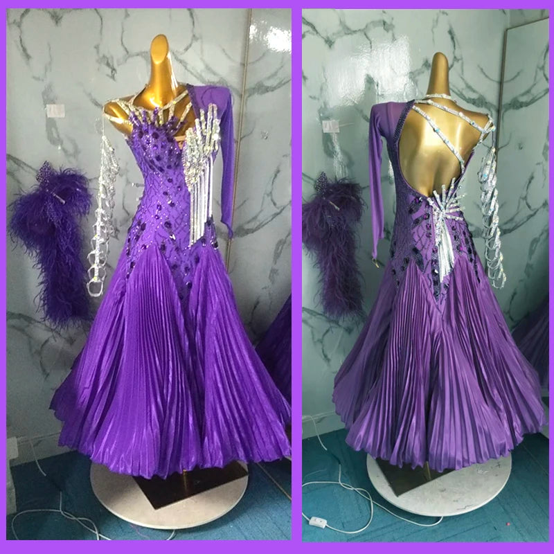 Women's Purple Ballroom Dance Dress with Pleated Skirt, Embellished Bodice, and Open Back
