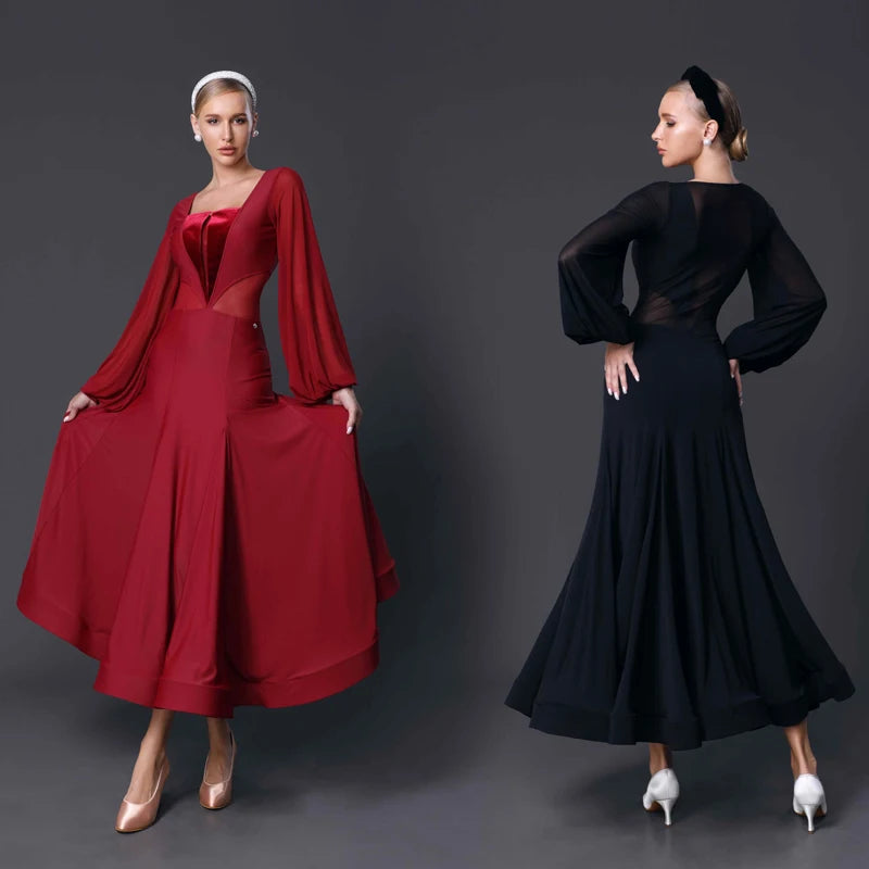 Women's Red & Black Ballroom Dance Dress with Mesh Sleeves & Velvet Bodice